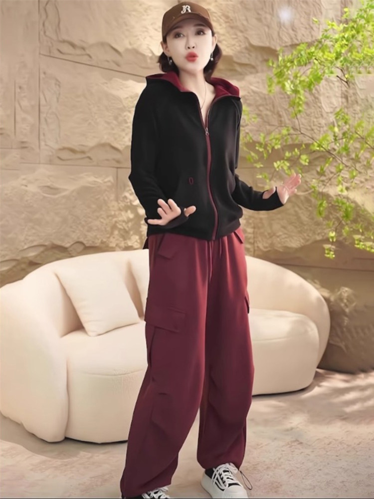 潮牌欧货纯棉运动服套装女春秋新款时尚洋气休闲工装裤卫衣两件套