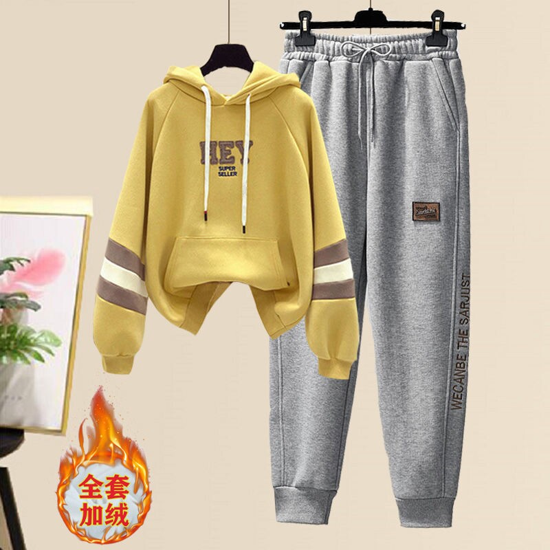 潮牌加绒加厚卫衣套装女2025年秋冬新款韩版休闲运动束脚裤两件套