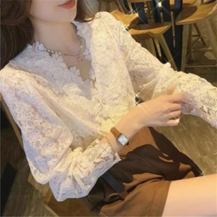 超仙甜美气质长袖 胖妹妹显瘦大码 上衣服 女春季 潮牌洋气别致蕾丝衫