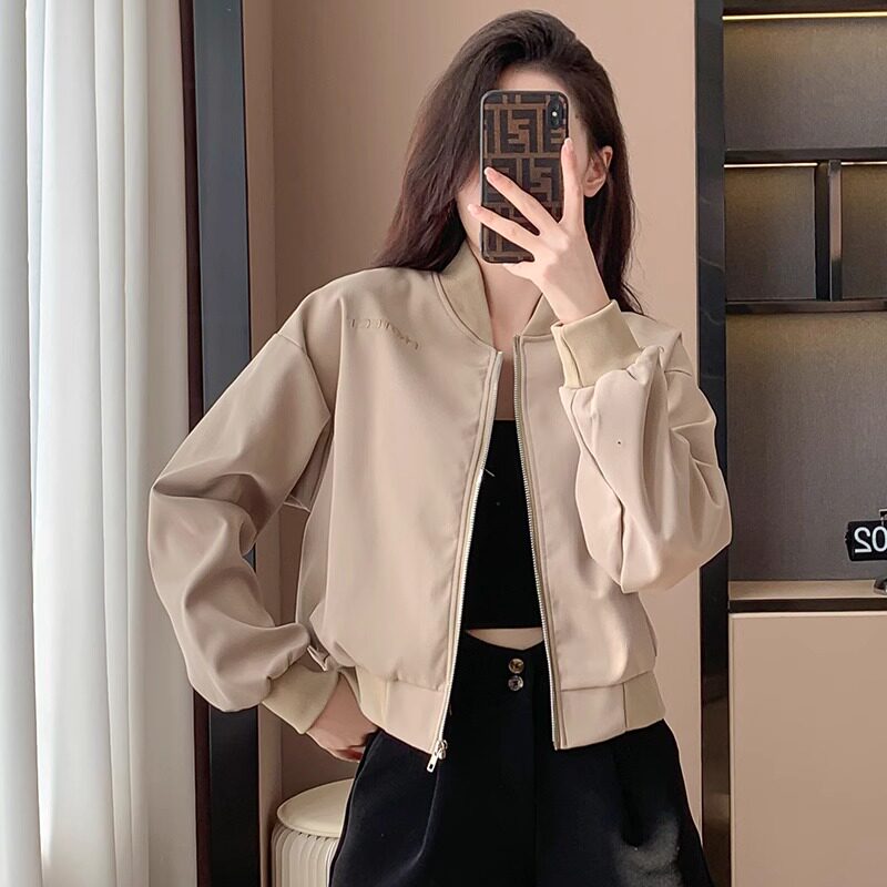 潮牌休闲短款棒球服女春秋季小个子刺绣修身显瘦高腰夹克外套上衣