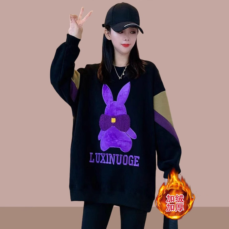 潮牌秋冬新款宽松半高领拼色卫衣女中长款加绒加厚保暖打底衫上衣