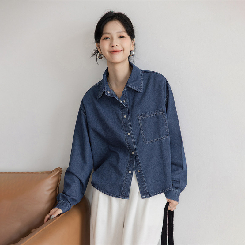 潮牌复古牛仔衬衫外套女2026春秋季新款韩版宽松短款翻领叠穿衬衣