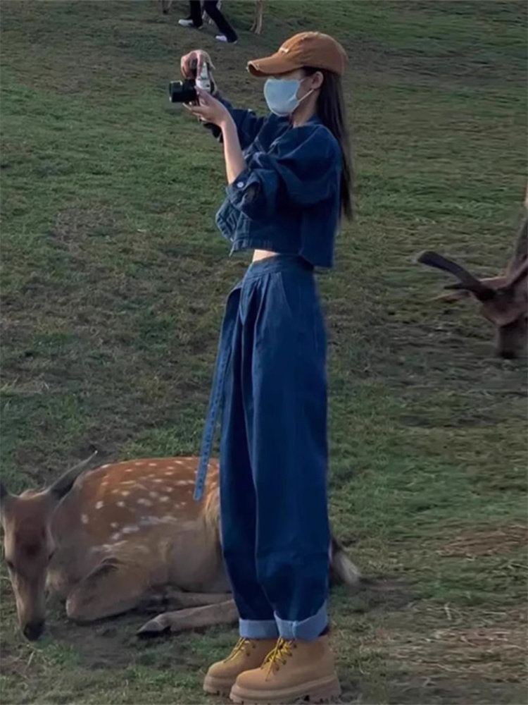 潮牌牛仔外套阔腿裤套装女春秋网红炸街小个子时尚休闲运动两件套