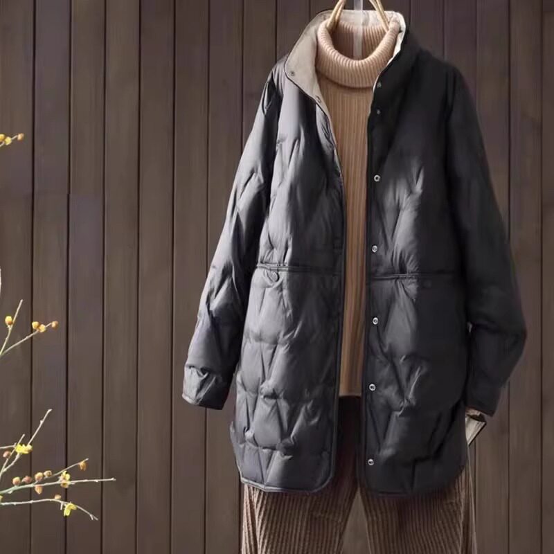 潮牌轻薄两面穿羽绒服女中长款2024冬新款小个子大码宽松立领外套