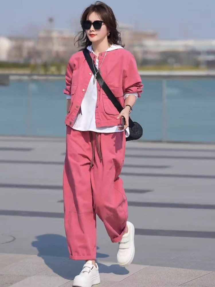 潮牌时尚休闲洋气三件套女春秋宽松显瘦百搭外套打底衫哈伦裤套装