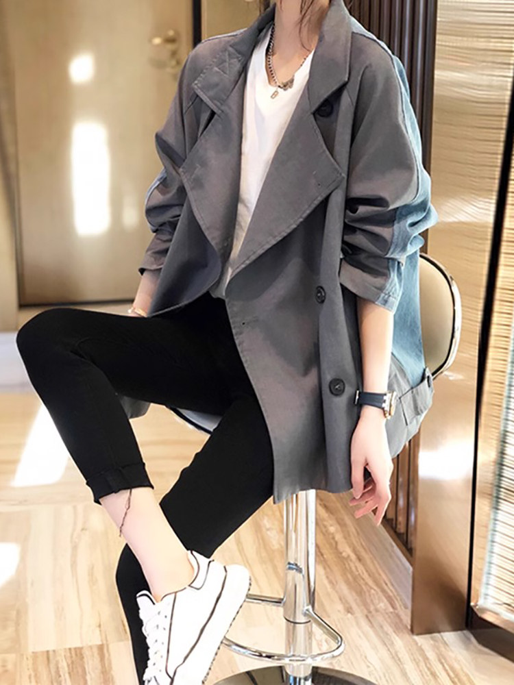 潮牌欧洲站韩版设计感港风宽松西装领风衣拼接牛仔外套女2025春秋