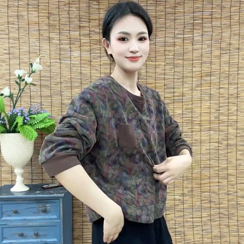 2026年春季复古印花长袖卫衣女宽松圆领套头休闲上衣显瘦百搭洋气图片