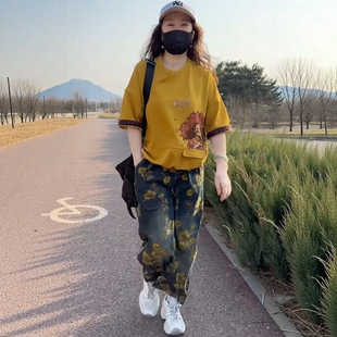 水洗牛仔油菜花哈伦裤 两件套装 圆领卡通印花T恤 新款 女2026年夏季