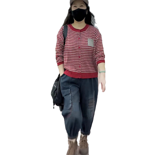 套装女2023年秋季新款针织条纹单排扣外套+水洗牛仔老爹裤两件套