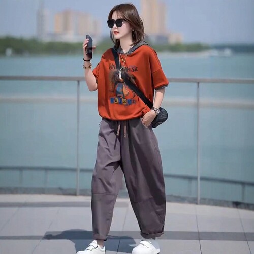 两件套装女2026年夏新款连帽印花短袖T恤休闲时尚水洗棉哈伦裤潮