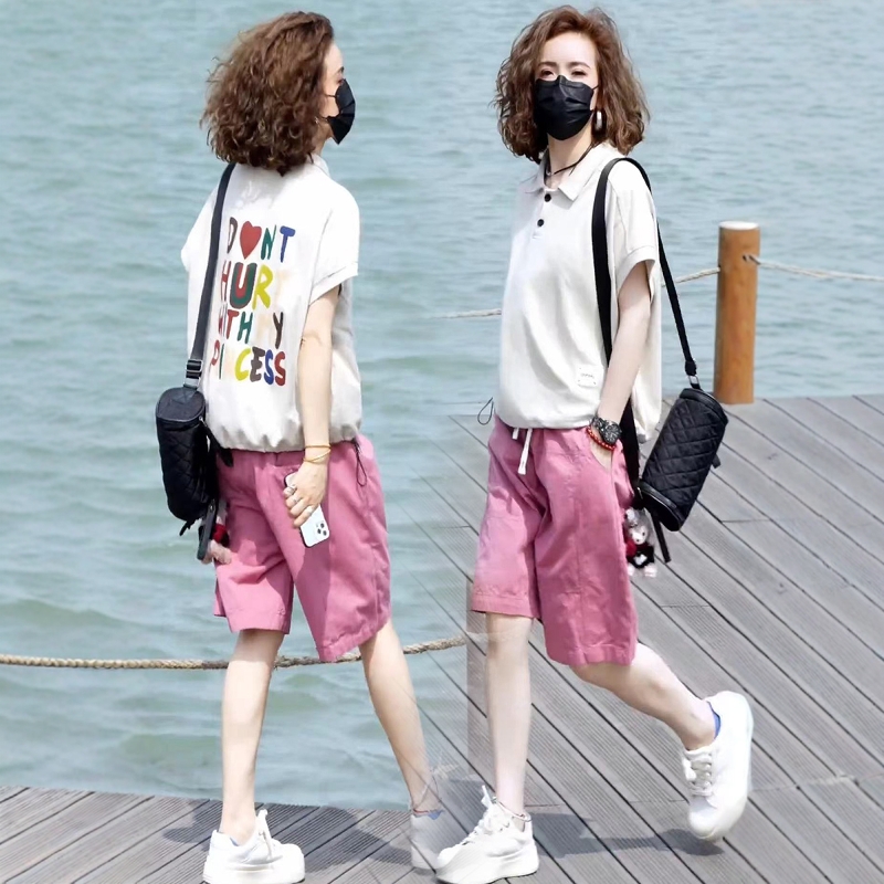 两件套装女2025年夏新款POLO领后背印花短袖T恤水洗棉短裤五分裤