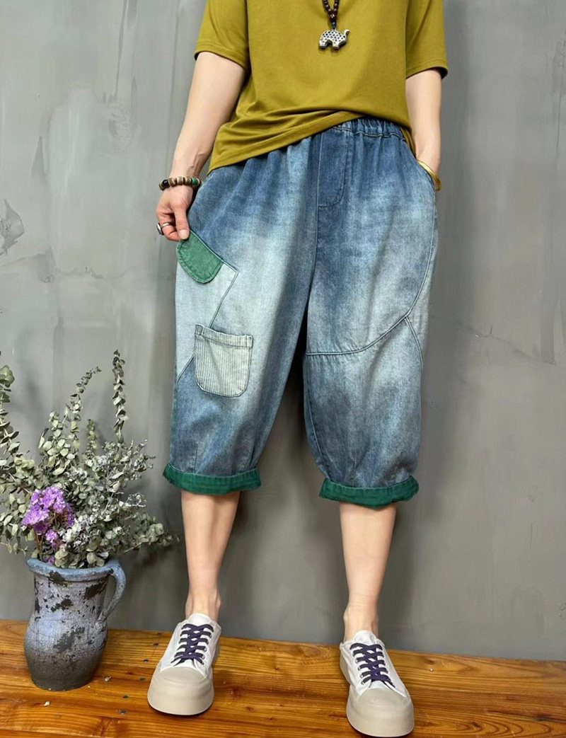 牛仔六分裤女夏季薄款个性口袋拼接宽松紧腰大码显瘦哈伦裤子潮