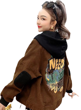 2022秋季牛仔短外套女宽松长袖连帽后背卡通涂鸦显瘦上衣夹克潮