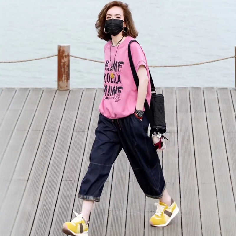 休闲时尚两件套装女2025年夏新款字母印花短袖T恤薄款牛仔哈伦裤