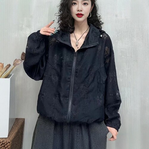 夏季新款个性韩版洋气蕾丝连帽防晒衣外套女宽松大码休闲拼接上衣