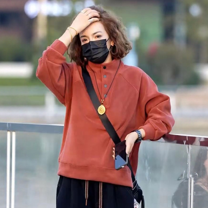 加绒立领卫衣女2025年秋冬套头宽松百搭休闲四粒扣加厚上衣减龄