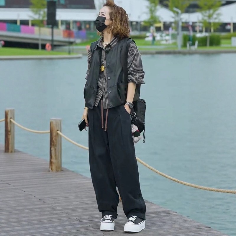 时尚三件套装女2025年秋新款PU马甲条纹长袖衬衫时尚水洗棉哈伦裤,女装/女士精品,时尚套装,淘宝优惠券,粉丝福利购,淘宝优惠卷