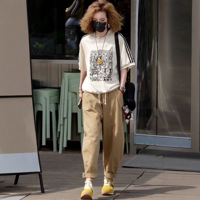 两件套装女2025年夏季新款连帽印花短袖T恤+水洗棉哈伦裤显瘦套装