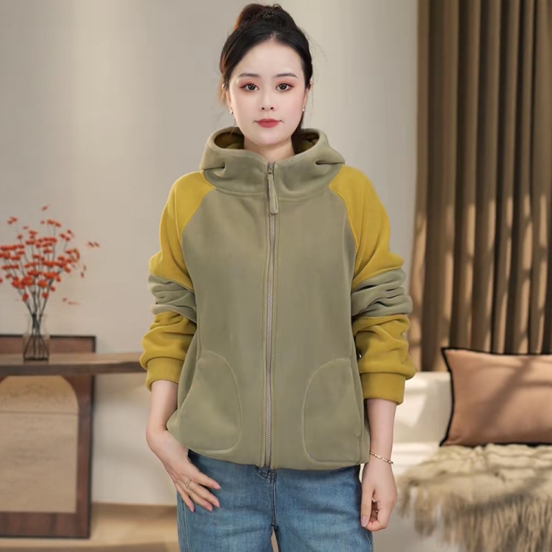 欧货时尚休闲新款外套女百搭宽松韩版连帽拼接撞色绒感卫衣开衫