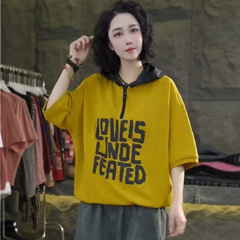 字母印花连帽短袖T恤女2025夏季新款韩版宽松显瘦百搭休闲上衣潮