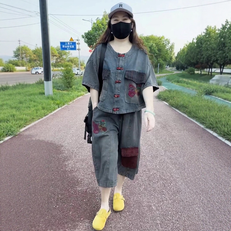 牛仔套装女2025年夏新款砂洗炒色薄款开衫短袖上衣贴布七分哈伦裤