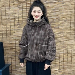 冬季 2025年新款 兩面穿加厚休閑百搭減齡顯瘦格子外套連帽棉服女
