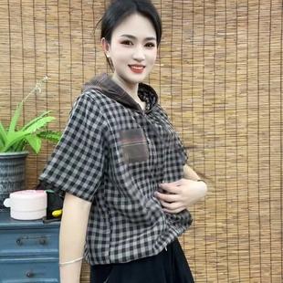個(gè)性 連帽顯瘦格子印花休閑短袖 新款 上衣寬松大碼 百搭T恤 韓版 夏季