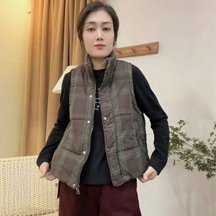 格子夹棉保暖短款马甲女2026秋冬款外穿坎肩背心外穿休闲马夹外套