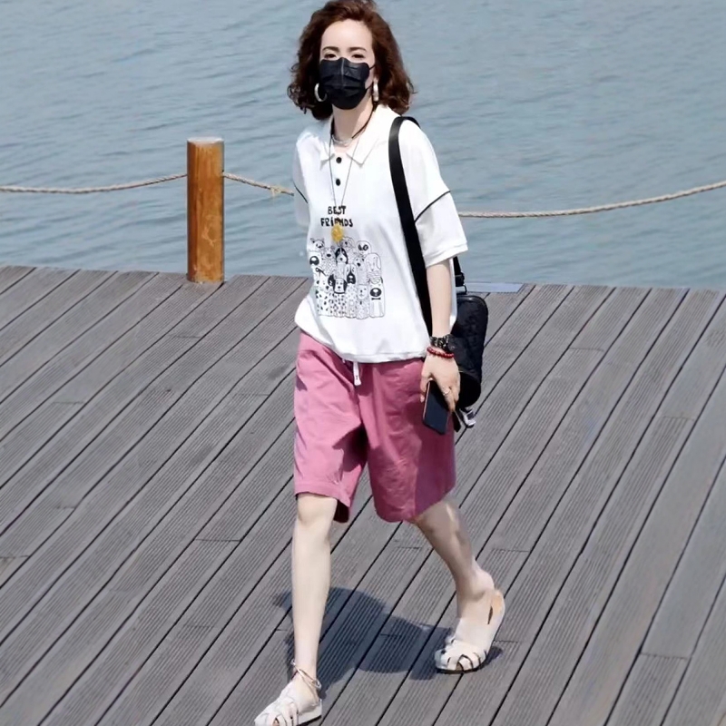 时尚两件套装女2025年夏新款POLO领印花短袖T恤+水洗棉五分裤短裤