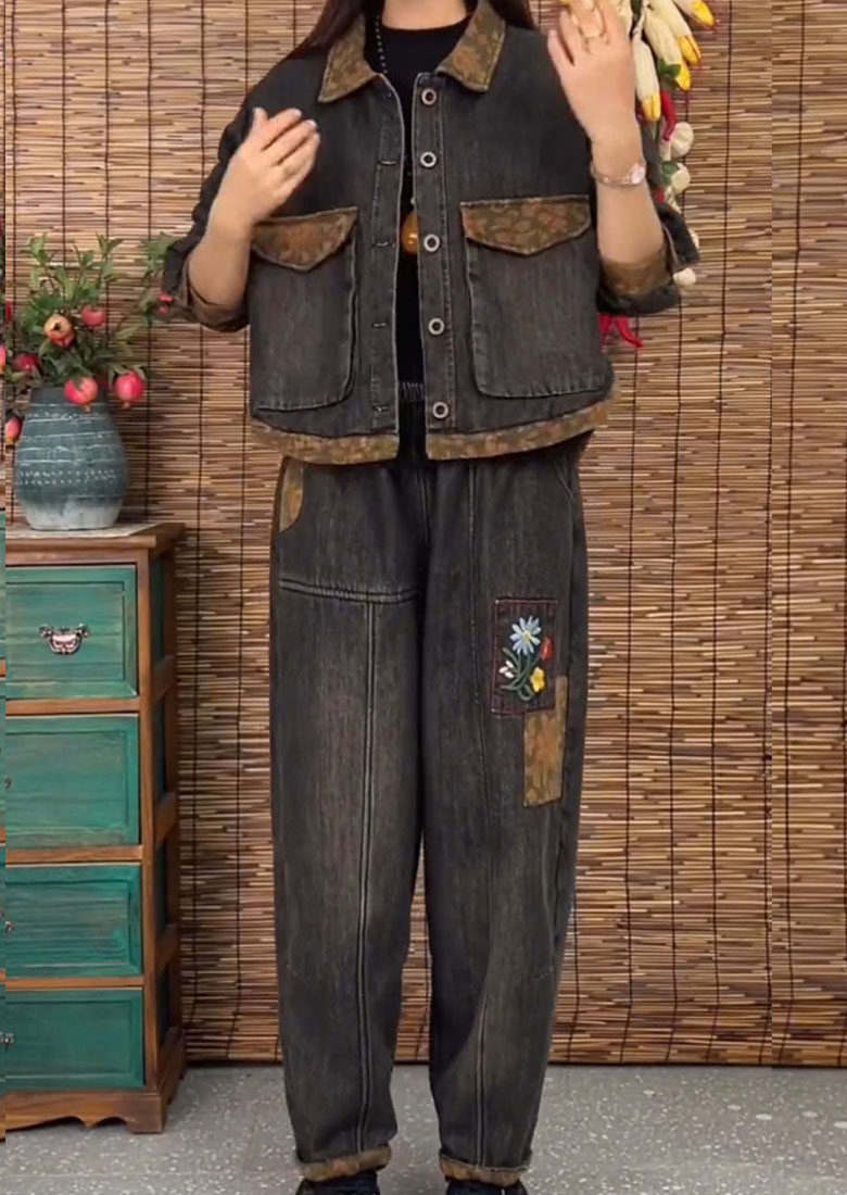 2023冬季新款时尚炒色牛仔加厚加棉套装女宽松大码哈伦裤两件套装