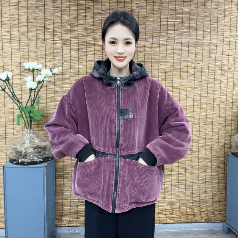 灯芯绒加绒加厚连帽棉服女2025年冬季加厚宽松休闲短款大码外套潮