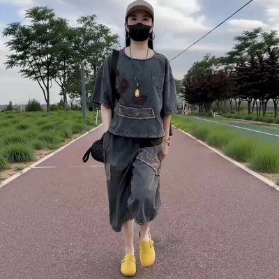 两件套装女2025年夏季新款砂洗薄款软牛仔短袖+七分贴布哈伦裤潮