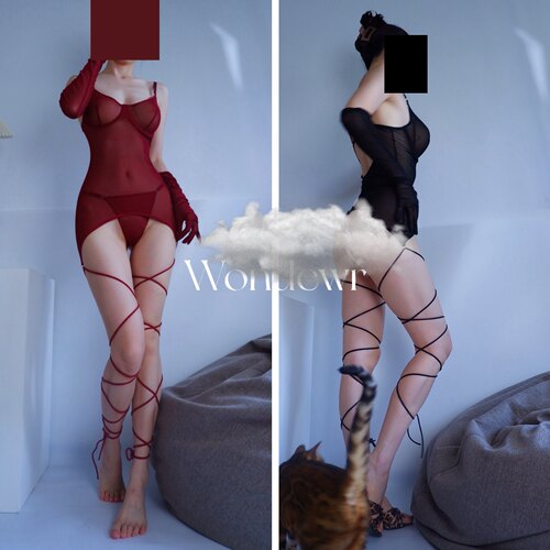 Wondewr束缚感！御姐绑带黑红透明裙带钢圈夜店显腿长大码捆绳子