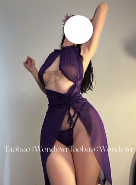 嘎嘎性感俏佳人紫色韵味妻子丰满挂脖连衣裙系绳高开叉旗袍精致