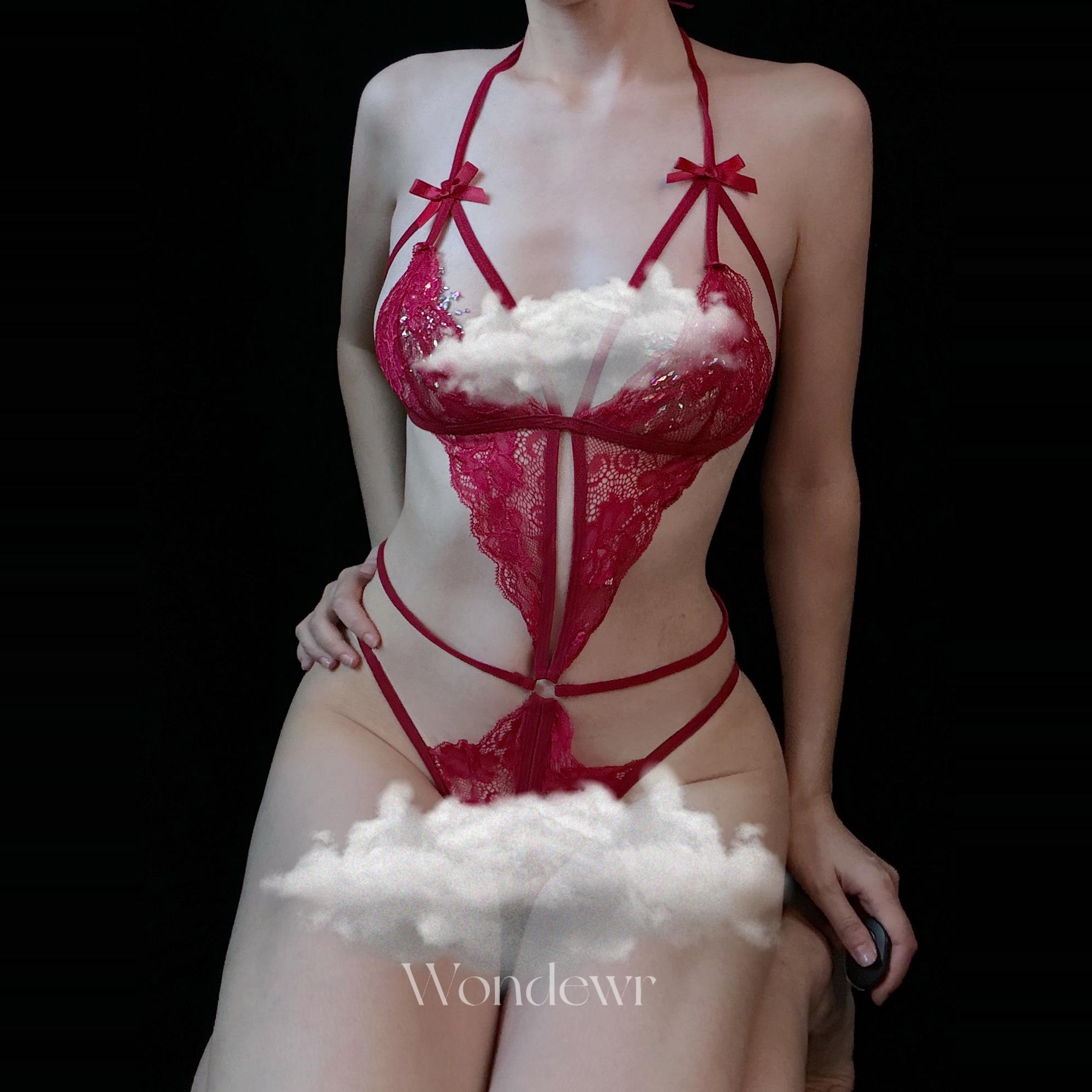 Wondewr风情万种*红色连体衣显白版型好绑带束缚女人味儿情侣睡衣