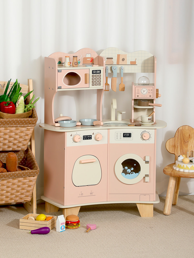 어린이 시뮬레이션 나무 핑크 주방 장난감 3세 소녀 유치원 놀이 집 나무 주방 스토브 장면