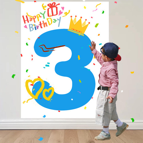 小朋友生日快乐背景数字海报挂布蓝色儿童周岁男女孩拍照场景装饰