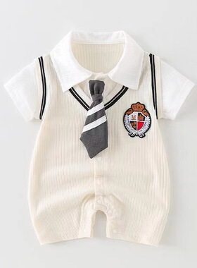 6一12月婴儿夏装a类纯棉连体衣学院风洋气百天周岁男宝宝衣服薄款