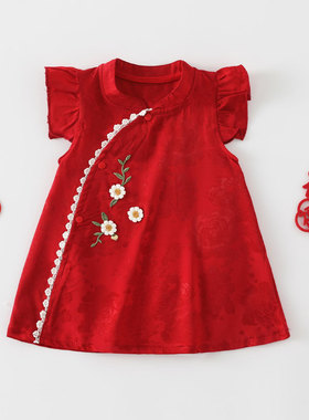 婴儿旗袍夏季公主裙一岁女宝宝周岁礼服连衣裙中国风红色裙子中式