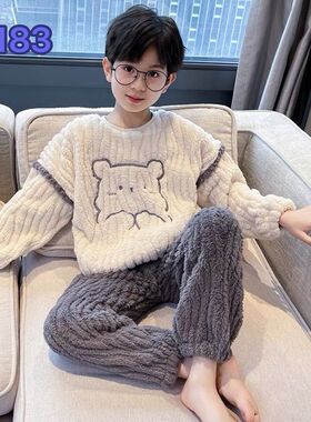男童睡衣秋冬款2025新款儿童冬季加绒珊瑚绒男孩法兰绒家居服套装