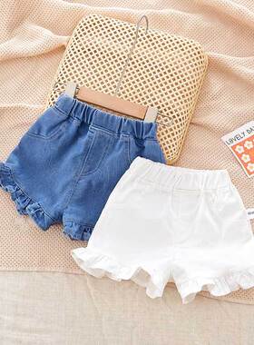 夏季婴儿牛仔短裤洋气韩版女童纯色木耳边裤子宝宝百搭外穿休闲裤