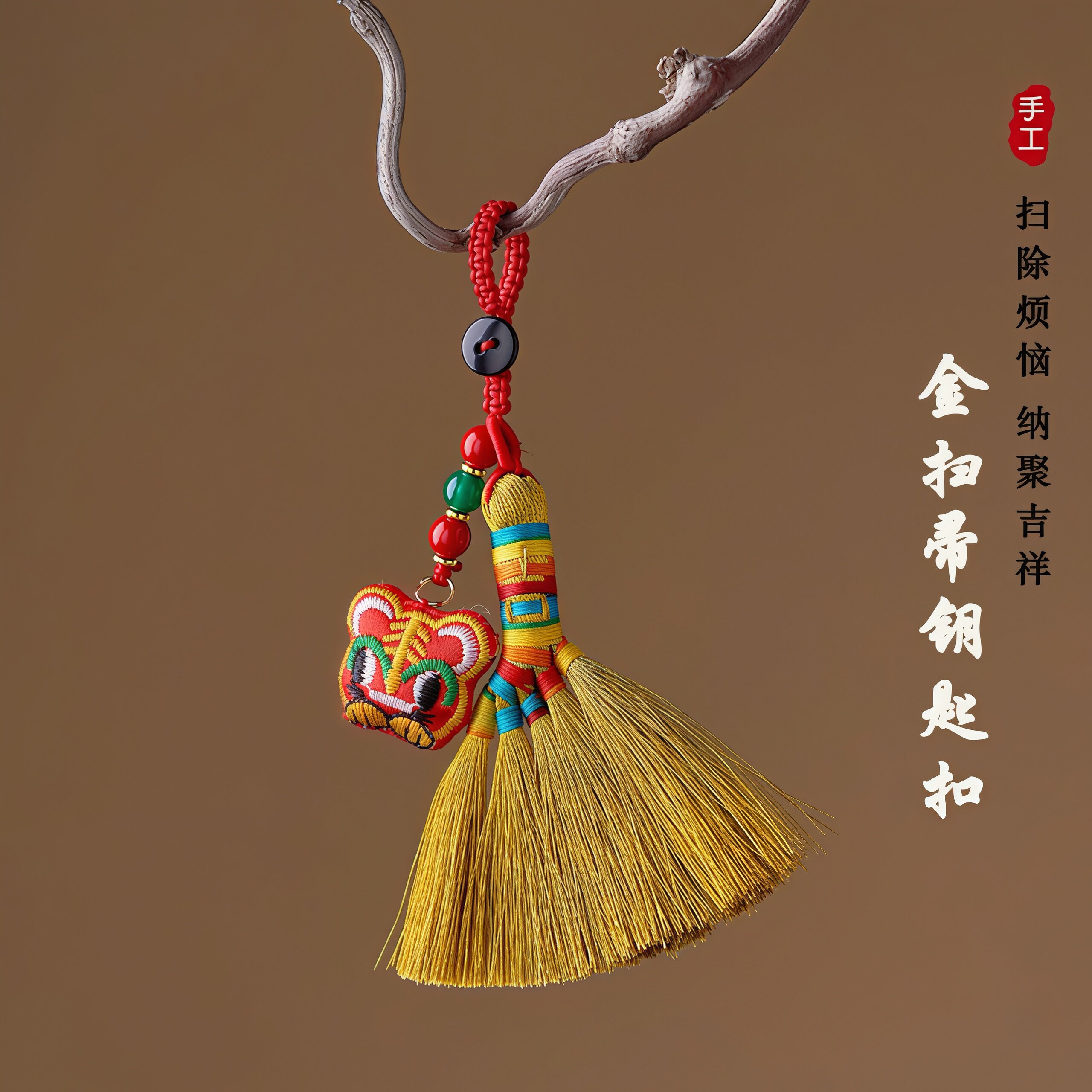 2026马年金丝扫帚钥匙扣手机链手工编织新年扫霉运招财挂件送礼物