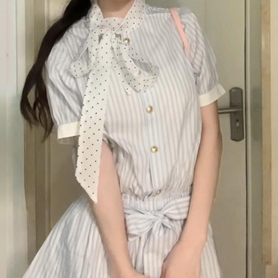 韩系学院风条纹衬衫连衣裙子女夏季2025新款miu系收腰小个子短裙