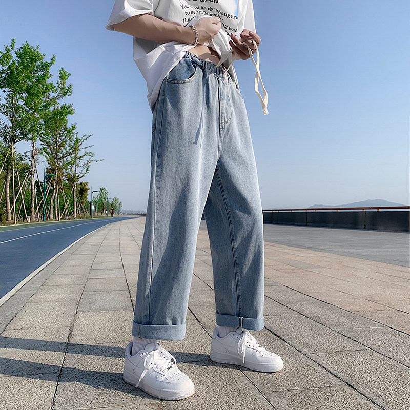 秋季松紧腰牛仔裤男生加绒百搭ins高街青少年宽松休闲直筒阔腿裤