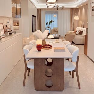 中古风复古纯白岩板餐桌家用小户型2026新款法式长方形实木餐桌椅