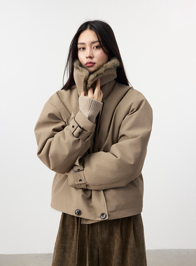 Set for life 25FW立领弧形层次肌理感廓形毛里风衣派克服外套