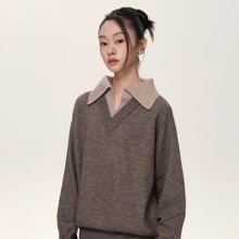 Set for life 24FW 羊毛双V领翻领拼色彩纱初秋薄款亲肤毛衣