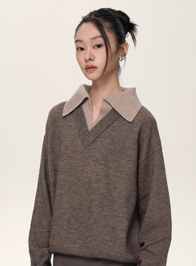 Set for life 24FW 羊毛双V领翻领拼色彩纱初秋薄款亲肤毛衣