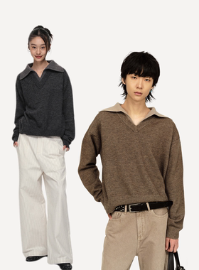 Set for life 24FW 羊毛双V领翻领拼色彩纱初秋薄款亲肤毛衣