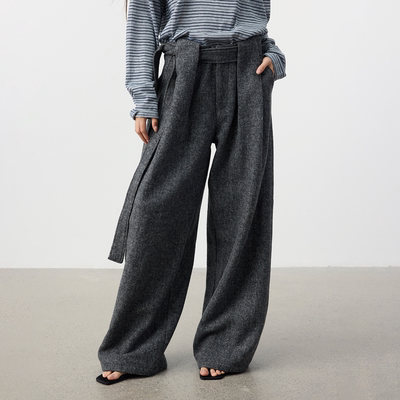 Set for life 25FW 羊毛混纺雪花彩纱肌理打褶系带高腰西裤